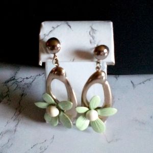 Silver Tone Dangle Statement Earrings with Pale Green Flower